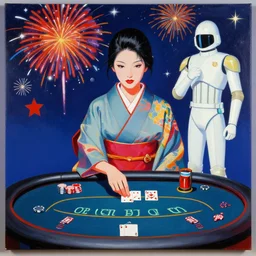woman in a japanese kimono sitting at an extremely detailed poker table with the startrooper, fireworks and stars on the background, by andy warhol, by roy liechtestein, canvas, acrylic paint, cool color palette, saturated, 4 k, ultra - hd, rgb