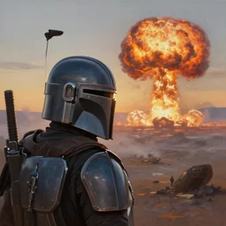 close up mid shot of mandalorian with backlight watching nuclear war explosion on jupiter graveyard wasteland  with fog during sunset  , panoramic cinematic very sharp oil painting by rembrandt