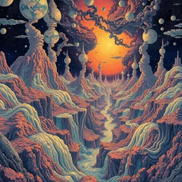 intricate detailed maximalist hyperrealism psychedelic incredible beautiful gorgeous landscape of flowing reality and melting perception by victo ngai yoji shinkawa moebius jean girard shintaro kago junji ito esoteric hypnogogic alphonse mucha victo ngai