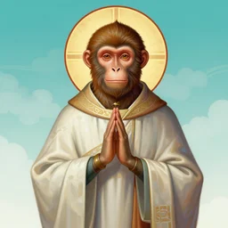 bizantine icon portrait of a holy monkey, radiant halo, priestly fluent robes, blessing pose, by greg rutkowski and alphonse mucha, d & d character, gradient cyan to white, painted clouds background, highly detailed portrait, digital painting, artstation, concept art, smooth, sharp focus ilustration, artstation hq