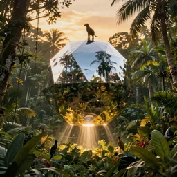 peter tarka, minimalistic, hyperrealistic surrealism, award winning masterpiece with incredible details, epic stunning, a highly reflective chrome octahedron with lights coming out of the bottom in the middle of a tropical rainforest, alien structure, highly detailed, trending on ArtStation, golden hour, artgerm and greg rutkowski and alphonse mucha, daily deviation, IAMAG