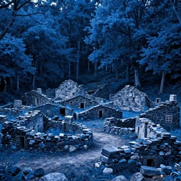 the ruins of a village made out of stone in a forest of blue trees at night, a night sky filled with stars, in the style of Van Gogh