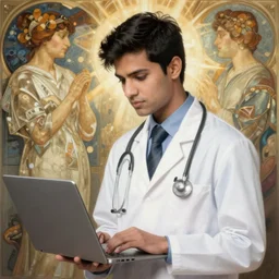 Anxious good looking pale young Indian doctors using  laptops, portrait, elegant, intricate, digital painting, artstation, concept art, smooth, sharp focus, illustration, art by artgerm and greg rutkowski and alphonse mucha