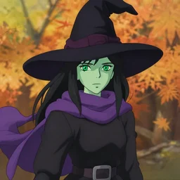 female witch with green skin wearing a purple scarf, jet black hair, pale greenish skin, bright green eyes, simple black dress and black witch hat, beautiful face, visual novel portrait, design on an autumn background, by studio muti, style of greg rutkowski makoto shinkai takashi takeuchi studio ghibli