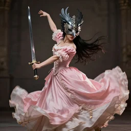 a photorealistic fantasy render of a beautiful sword dancer wearing a beautiful intricately detailed crow mask and clasical pink victorian dress, by wlop, artgerm, kentaro miura, arthur adams, beautiful dynamic epic lighting, shadows, cinematic atmosphere, artstation, concept design art, octane render, 8 k