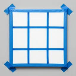 a photo of an empty canvas with blue tape in the shape of a grid against a gray background