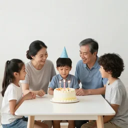 family celebrates the 1 0 years old boy birthday. happy family around the table. cake on the table.