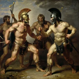 battling Spartans against Cyclops in the style of  William Adolphe Bouguereau