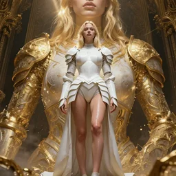 perfectly - centered!! looking at the camera!!! low - angle!! full body portrait of young blonde women with full lips wearing white hard plastic armor, wet, shiny - skin!!, clothed, godrays, golden, baroque style, intricate abstract upper body intricate artwork, by tooth wu, wlop, beeple, dan mumford. concept art, octane render, deviantart, greg rutkowski, cinematic arthouse, key art, hyper realism, iridescent accents