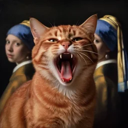 medium - shot, moody reddish cat yawns wide, with fangs, symmetrical, cinematic lighting, highly detailed, digital art, oil painting, highly detailed, sharp focus, matte painting, masterpiece, renaissance painting, by kinkade, by alphonse mucha, by leyendecker, by vermeer,