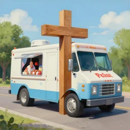 realistic still of painting of cross between an ice cream truck and dwayne johnson, by greg rutkowski, biomorphic, hybrid, 8 k, 8 5 mm, f. 1 4, beautiful composition,