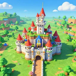 3D Mario 64 castle aerial view in the summer, 4k