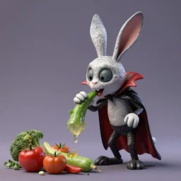 a vampire bunny sucking the juice out of vegetables, by tim burton, stop motion animation, 3d render