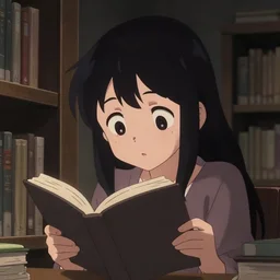 anime visual, low light portrait of a curious young woman in a library interior reading, cute face by ilya kuvshinov, yoh yoshinari, dynamic pose, dynamic perspective, cel shaded, flat shading mucha, rounded eyes, moody, kyoani, natsume yuujinchou, smooth facial features