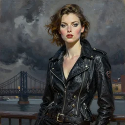 woman, detailed almond eyes shape, dressed in biker style, bridge, dark clouds, stylish, greg hildebrandt fancy new york oil painting high quality luxury clothes