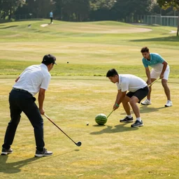 A photo of Politicians playing football with a watermelon on a gold course.
