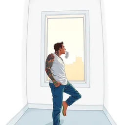 a tattooed young and thin latino guy, alone, looking out a white room wearing a sleeveles shirt and blue jeans, legs crossed, short hair, tattoos, smoking, illustration, gta v, unreal engline, wide angle lens
