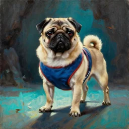 muscular pug dog  with backlight  and sport clothes, sun rays , big shadows, small bird sihouettes  in cyan background , very textured detailed  oil painting by rembrandt , hard backlight , in dark cave