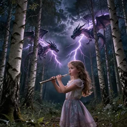 young girl playing flute in the middle of a birch forest during a storm at night while lightning dragons race down toward her
