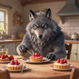 cute!!! handsome cuddly burly surly relaxed calm timid werewolf from van helsing sitting down at the breakfast table in the kitchen of a normal country home cooking having fun lighthearted whimsy baking strawberry tart cakes unreal engine hyperreallistic render 8k character concept art masterpiece screenshot from the video game the Elder Scrolls V: Skyrim
