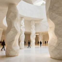 the inside of a building designed by zaha hadid, stone marble sculptures, by tim blandin and arthur haas and bruce pennington and john schoenherr, octane render, warm colour scheme, white, cinematic, scenery, high detail, high quality, close up angle, people walking