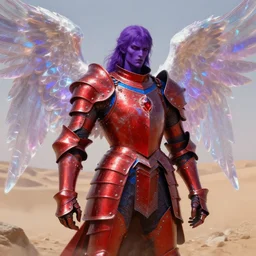 tonalism style painting of full plate armor of crimson metal with azure blue lining and ruby studded worn by harsh amethyst coloured skinned angel with glowing glass wings, magic, enchanted, intricate, crystal, background desert, dusty, soft light, 8 k, artstation trending, masterwork