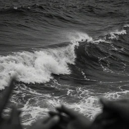 dark ocean, towering waves, grey - scale, highly turbulent, deep focus, no sky, high point of view, hidden hands and faces