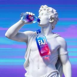 a greek statue drinking fiji water, vaporwave background