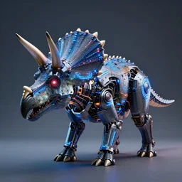 photo of a cybernetic triceratops, leds, studio lighting, highly detailed