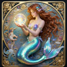 a photorealistic detailed image of a beautiful vibrant iridescent mermaid holding a glowing orb, detailed, intricate, elegant, highly detailed, digital painting, artstation, concept art, smooth, sharp focus, illustration, art by hana yata, artem demura, alphonse mucha, octane render, unreal engine, 8 k