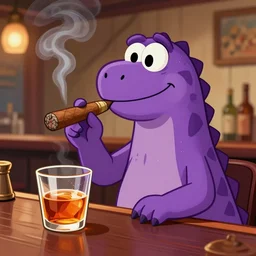 barney the purple dinosaur from kids show drinking whisky at a bar and smoking a cigar, portrait art, digital art, trending on artstation