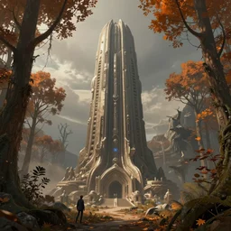 a beautiful highly detailed matte painting of a futuristic alien celestial ancient monument in a desolate forest with autumn colors by Jose Daniel Cabrera Pena and Leonid Kozienko, Noah Bradley concept art