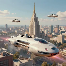soviet city in transhumanism style with flying cars in retrofuturism style