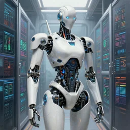 detailed futuristic robot at the big data center. intricate, elegant, highly detailed, centered, digital painting, artstation, concept art, smooth, sharp focus, illustration, artgerm, tomasz alen kopera, peter mohrbacher, donato giancola, joseph christian leyendecker, wlop, boris vallejo