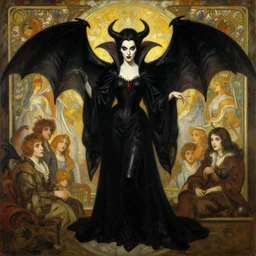 baroque oil painting of vampire queen in gothic robes with bat wings, by nekro, peter mohrbacher, alphonse mucha, brian froud, yoshitaka amano, kim keever, victo ngai, james jean