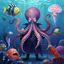 punk rock vampiric electrifying 80s underwater party rockstar vampire octopus, angler fish, gulper eel, mantis shrimp, jellyfish and sea urchins conceptual character designs of various shapes and sizes by genndy tartakovsky and splatoon by nintendo and the psychonauts franchise by doublefine tim shafer artists for the new hotel transylvania film
