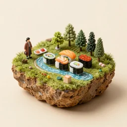 miniature island made of sushi, diorama picture, 5 5 mm, sushi - island