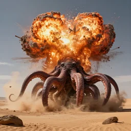 a giant tentacled monster exploding in the middle of a desert, photorealistic, ultra high resolution, ultra detailed