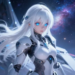 photo of anime girl on a mothership, warframe armor, beautiful face, scifi, nebula, futuristic background, galaxy, raytracing, dreamy, focused, sparks of light, pure, long white hair, blue cyborg eyes, glowing, 8 k high definition, insanely detailed, intricate, innocent, art by akihiko yoshida, li zixin, woo kim