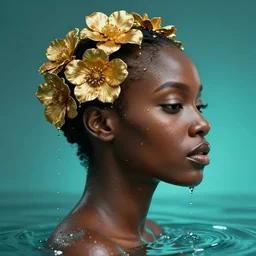 hyperrealistic precisionist cinematic profile very expressive! black oshun goddess, in water! up to shoulders, mirror dripping droplet!, gold flowers, highly detailed face, digital art masterpiece, smooth eric zener cam de leon, dramatic pearlescent turquoise light on one side, side angle uhd 8 k, tilt shift