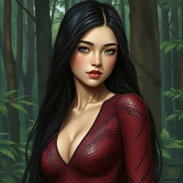girl with long black hair in burgundy python snake skin bodysuit in forest biome at midday. highly detailed, digital painting, watercolor, soviet realism, engraving, artstation, concept art, smooth, sharp focus, vivid grunge, manga, illustration, unreal engine 5, 8 k. art by bilibin, kilian eng, kuvshinov, malevich, mucha