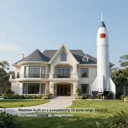 “Mansion built on a private property 10 acres large with a rocket ship next to it. Realistic, large, magnificent,”