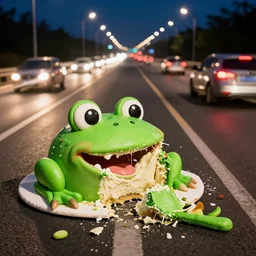 frog cake smashed on a highway with cars driving by, long exposition, night