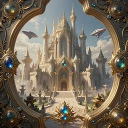 symetrical highly detailed ornate with jewels and precious metals futuristic, sandman kingdom, close up in the bg entrance castle kingdom of dreams, space ships, hiperrealistc, global illumination, radiant light, detailed and intricate environment, 3 6 0 degrees, panoramic view, drawing by frank lloyd wright art by andreas achenbach
