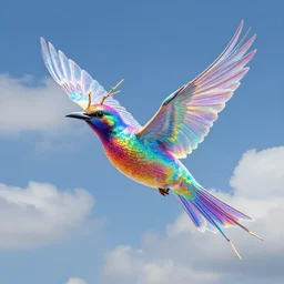 a colorful iridiscent bird with tiny horns made of sticks flying through a cloudy blue sky, a hologram by Penny Patricia Poppycock, pixabay contest winner, holography, irridescent, photoillustration, vaporwave