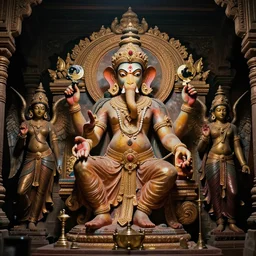 blood temple, hindu ornaments, baphomet statue at the center surrounded by angel statues, film still, 4 k, symmetry, award - winning photography, 1 2 0 mm