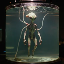 a weird alien creature is suspended in a tank of dense liquid, tubes connecting to its body, mysterious lighting, 35mm film photography