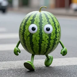 watermelon with large eyes and legs walking across the street, front view, dslr photo 70mm