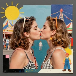 two women kissing at a carnival, mixed media collage, retro, paper collage, magazine collage, acrylic paint splatters, bauhaus, claymation,