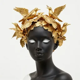 full head and shoulders, beautiful female black, porcelain sculpture, with lots of ornate gold leaf 3 d ibis birds attached to head by daniel arsham and james jean, on a white background, delicate facial features, white eyes, white lashes,